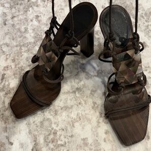Gucci Dark Brown Mother of Pearl and Wooden Strappy Heels